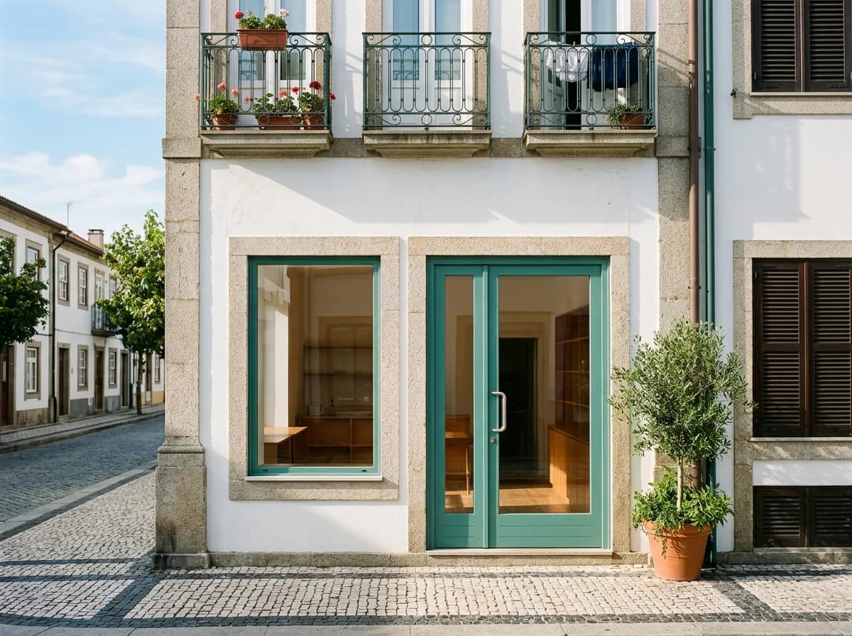 Fachada de uma pequena clínica veterinária numa rua calma de Matosinhos