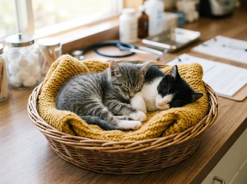 Dois gatinhos a dormir num cesto com uma manta de tricô