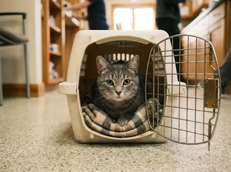 Gato a espreitar de uma transportadora