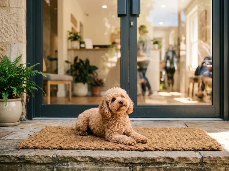 Cão pequeno de pelo encaracolado à espera num tapete