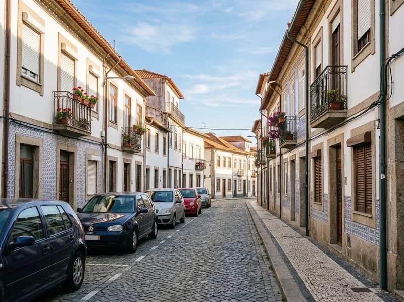Rua soalheira de Matosinhos com prédios baixos