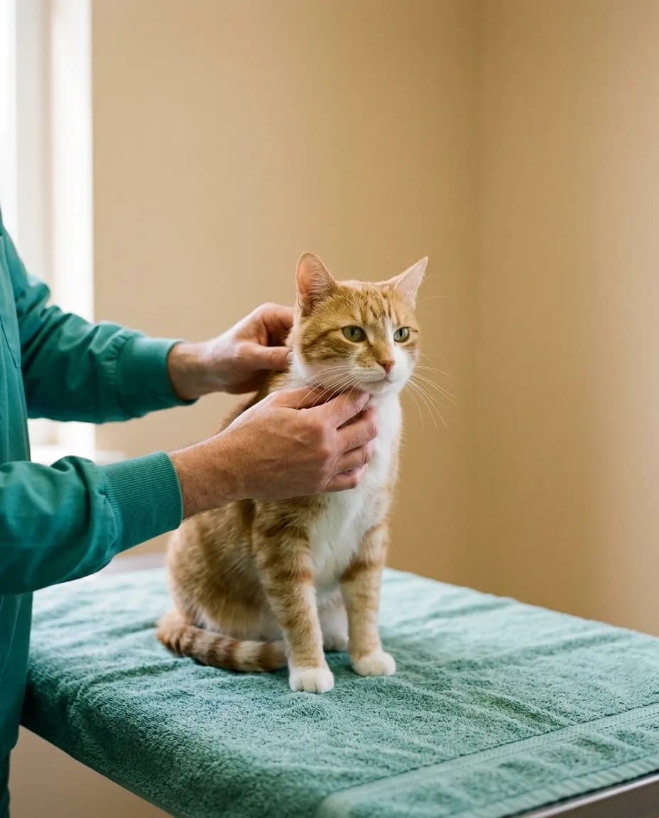 Mãos da veterinária a examinar um gato tigrado calmo na mesa de consulta