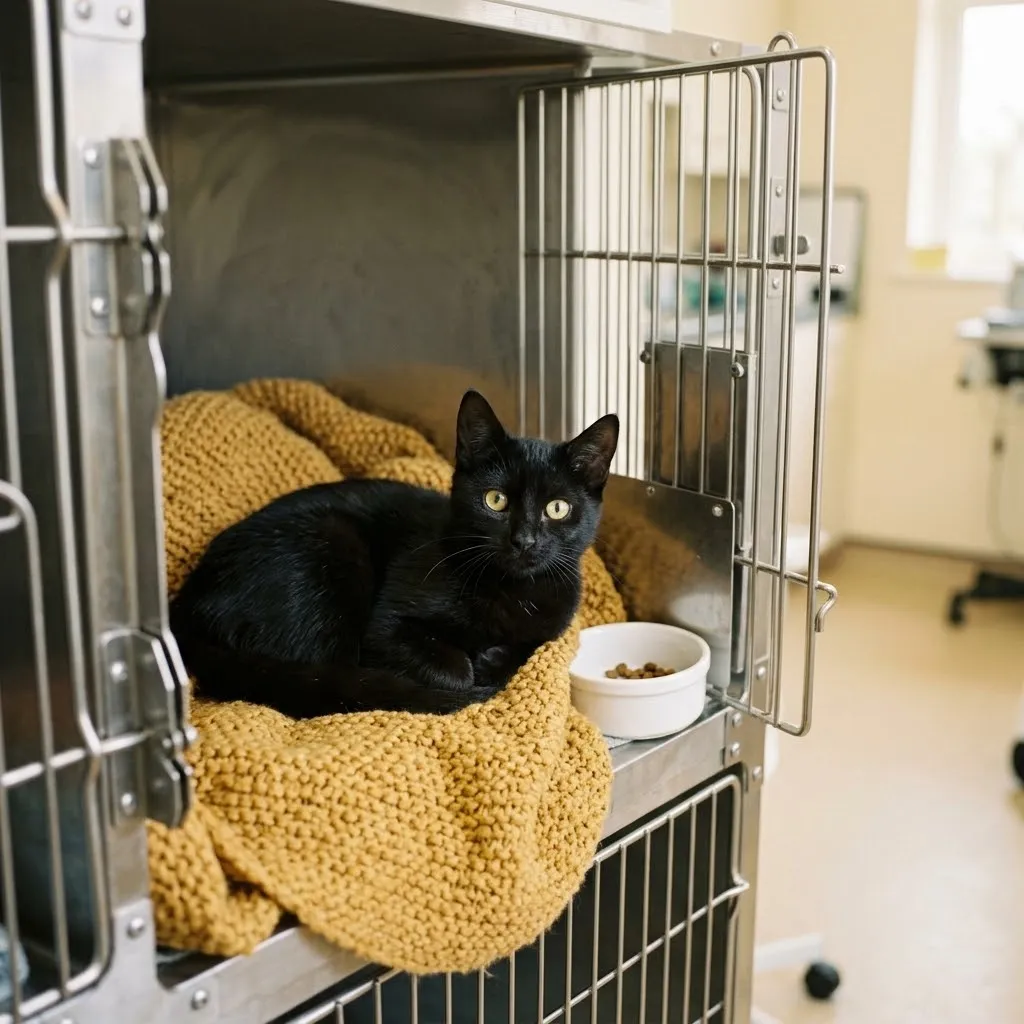 Gato preto resgatado a descansar numa manta de tricô