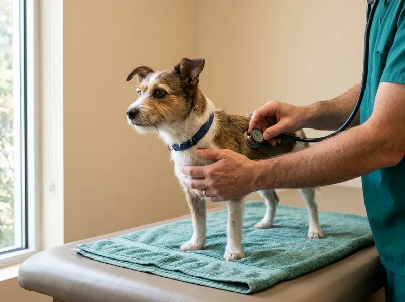 Veterinária a auscultar o peito de um cão com estetoscópio