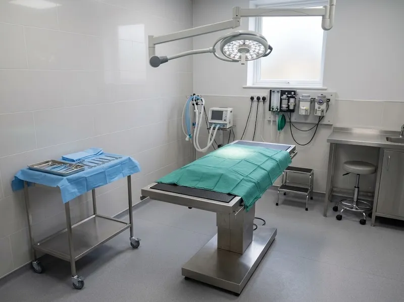 Pequena sala de cirurgia limpa com mesa almofadada e candeeiro